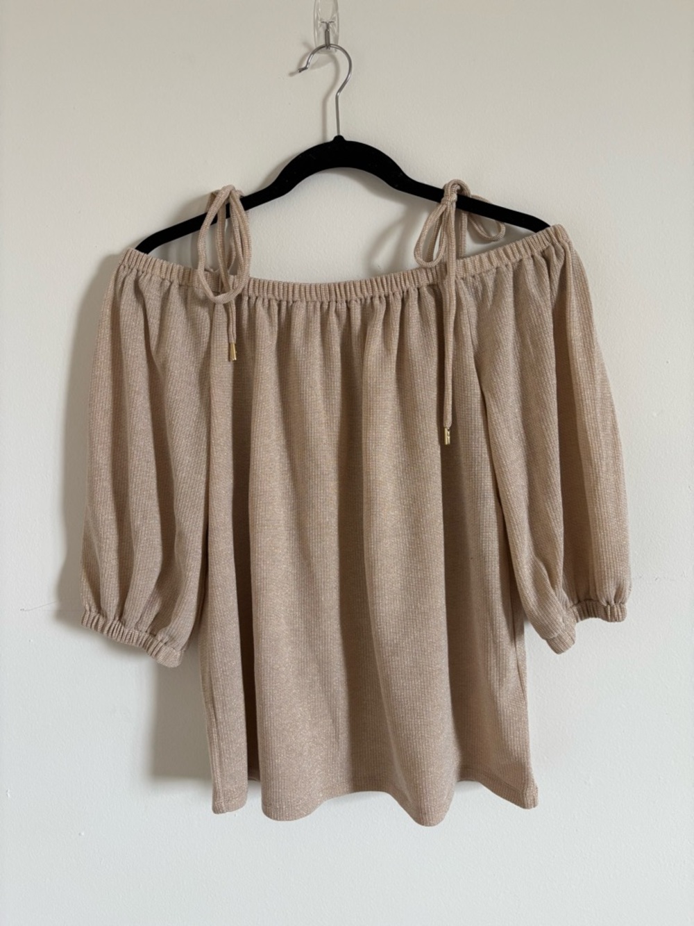 Michael Kors Beige Ribbed Off-Shoulder Top